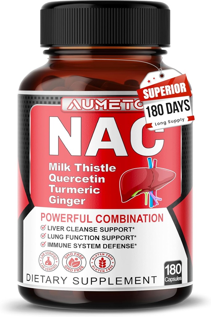 Nac Supplement N-Acetyl-L-Cysteine - Enhanced with Milk Thistle + Quercetin for Optimal Immunity, Respiratory, Liver Wellness (180 Count (Pack of 1))