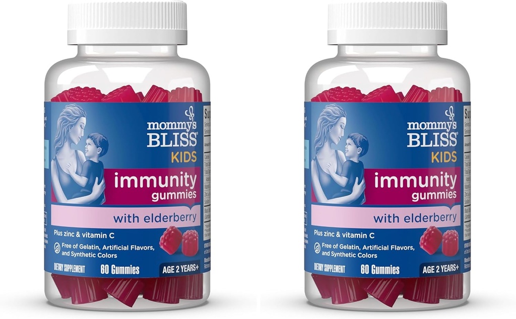 Mommy's Bliss Kids Elderberry Gummies、黒のエルダーベリー、亜鉛&ビタミンC、グルテンフリー&ビーガン、年齢2年+(60カウント)(パック2)