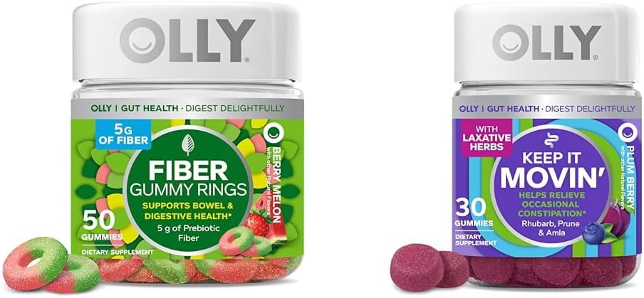 OLLY繊維ガミーリング、5gプレバイオティックファイバー、FOS(Fructo-oligosaccharides)、ダイジェストサポート、ベリーメロン50ct&移動便秘救済、Rhubarb、プルーン、アムラ - プラムベリー味 - 30ct
