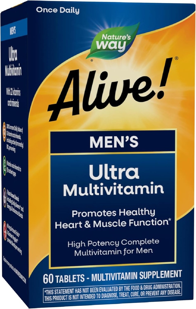 Nature's Way Alive! Men's Daily Ultra Multivitamin, High Potency Formula, Promotes Heart & Muscle Function*, with Methylated Vitamin B12, Gluten Free, 60 Tablets
