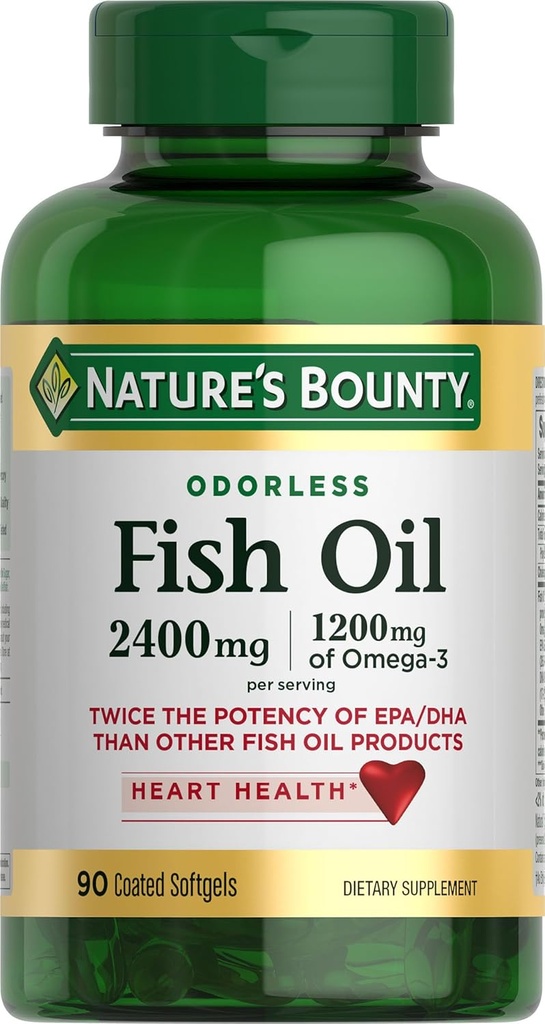 Nature's Bounty Odorless Fish Oil, 1200mg Omega-3 per サービングあたり EPA & DHA, 支援 心の健康, Mercuryを除去するために精製, コーティングされたSoftgels, グルテンフリー, いいえ Shellfish, 90 Ct