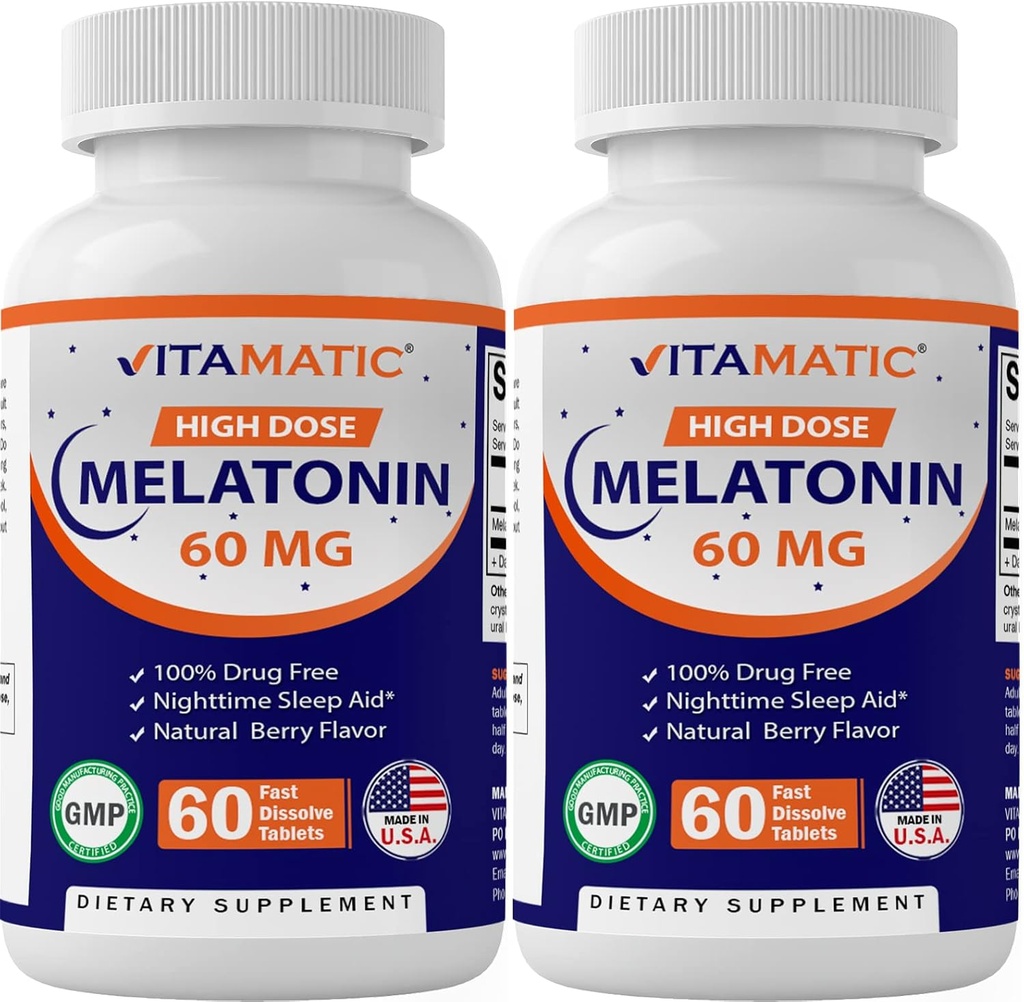 Vitamatic Melatonin 60のmgの速い分解のタブレット- 60のビーガン自然な果実味のタブレット-非GMOのグルテンフリーの形成- (2本のびん)