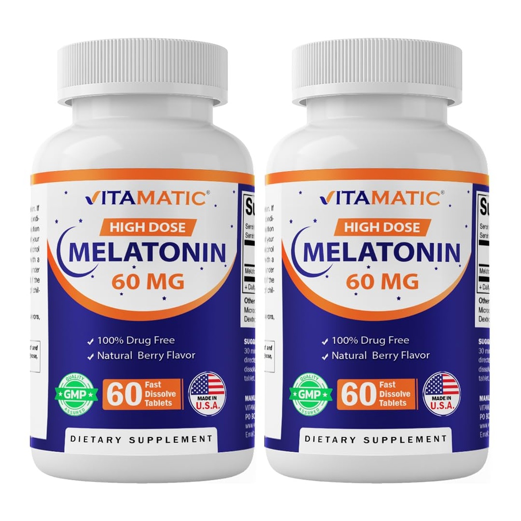 Vitamatic Melatonin 60のmgの速い分解のタブレット- 60のビーガン自然な果実味のタブレット-非GMOのグルテンフリーの形成- (2本のびん)