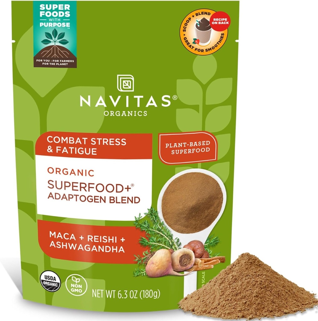 Navitas Organics Superfood+ Adaptogen Blend for Stress Support (Maca + Reishi + Ashwagandha), 6.3oz Bag, 30 サービング — オーガニック, 非GMO, ビーガン, グルテンフリー, Keto & Paleo.