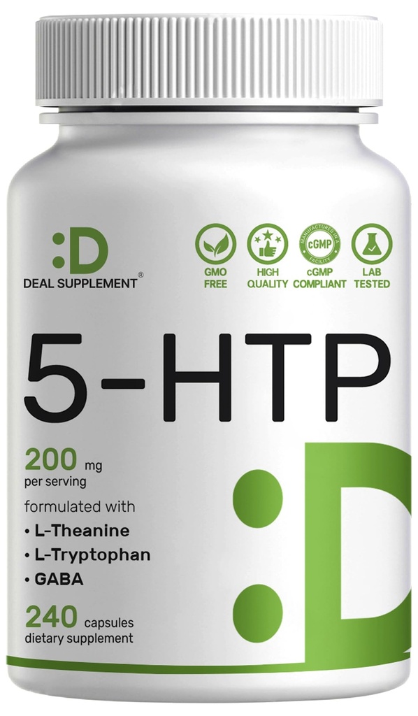 ディールサプリメント5-HTP 200mg/サービング、240カプセル、98%アフリカの派生したグリコニア種子エキス | 4 in 1フォーミュラ | プラスアクティブLテアニン、Lトリプトファン、&GABA | リラックスサポートサプリメント