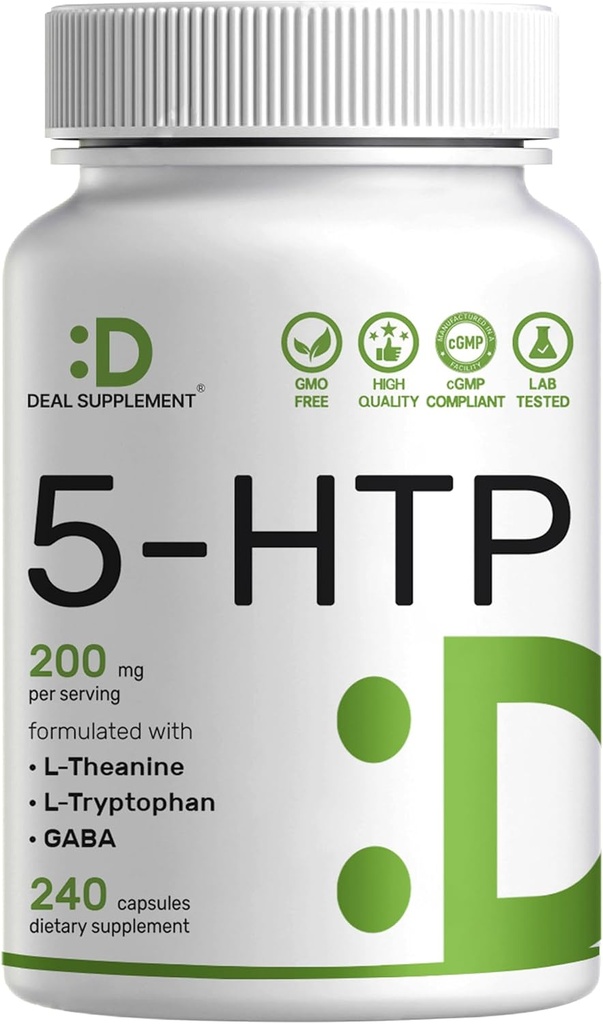 Deal Supplement 5-HTP 200mg Per Serving, 240 Capsules, 98% African Derived Griffonia Seed Extract | 4 in 1 Formula | Plus Active L Theanine, L Tryptophan, & GABA | Relaxation Support Supplement