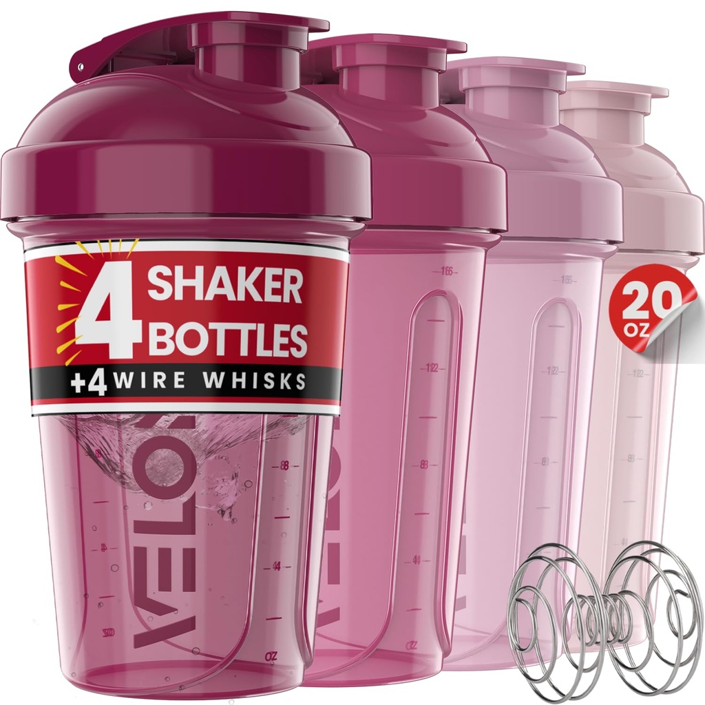 VELOMIX -4 PACK- 20 OZプロテインミキサー用プロテインシェーカーボトル, プロテインシェーク用のシェーカーカップ, スモールシェーカーボトルパック, シェーカーカップ, タンパク質シェイクス用シェーカー (ベリーブレンド)