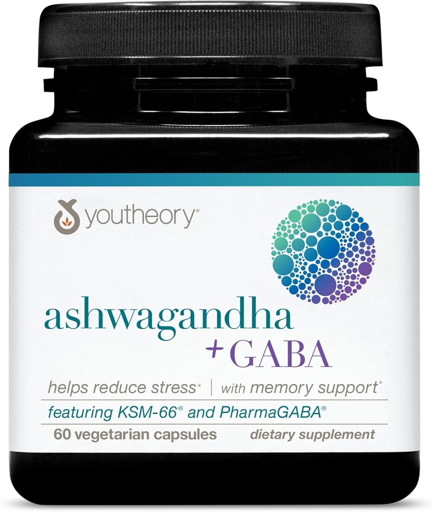 Youtheory Ashwagandha + GABA - 有機KSM-66-1,000 mg Ashwagandha&100 mg GABA - コルチゾール、エネルギー、ストレス&メモリサポートサプリメント - 60 ベジタリアンカプセル(30日供給)