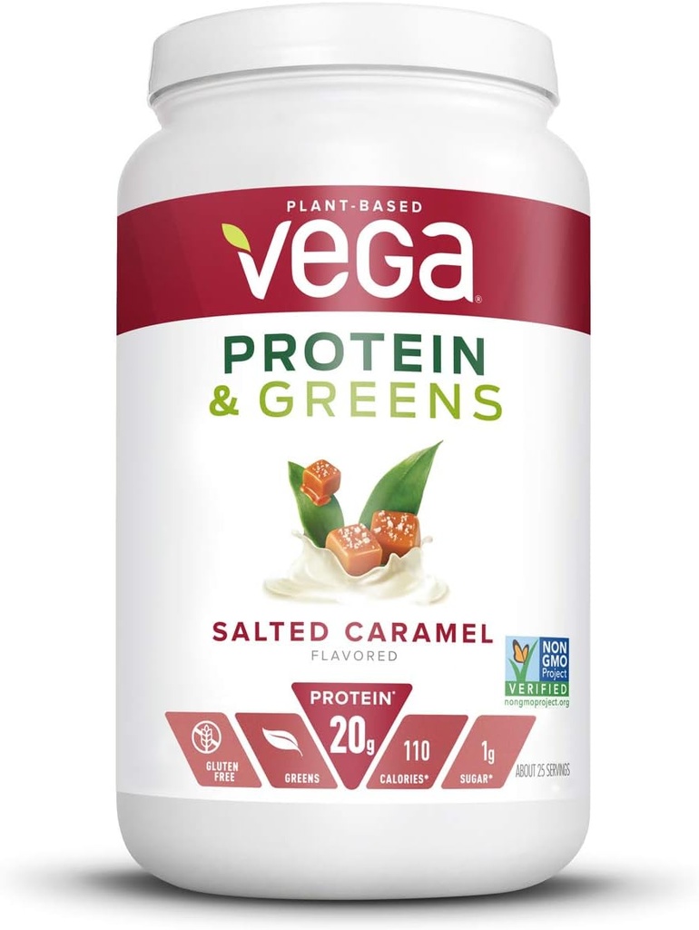 Vega Protein and Greens, Salted Caramel, Vegan Protein Powder, 20g Plant Based Protein, Low Carb, Keto, Dairy Free, Gluten Free, Non GMO, Pea Protein for Women and Men, 1.7 Pounds (25 Servings)
