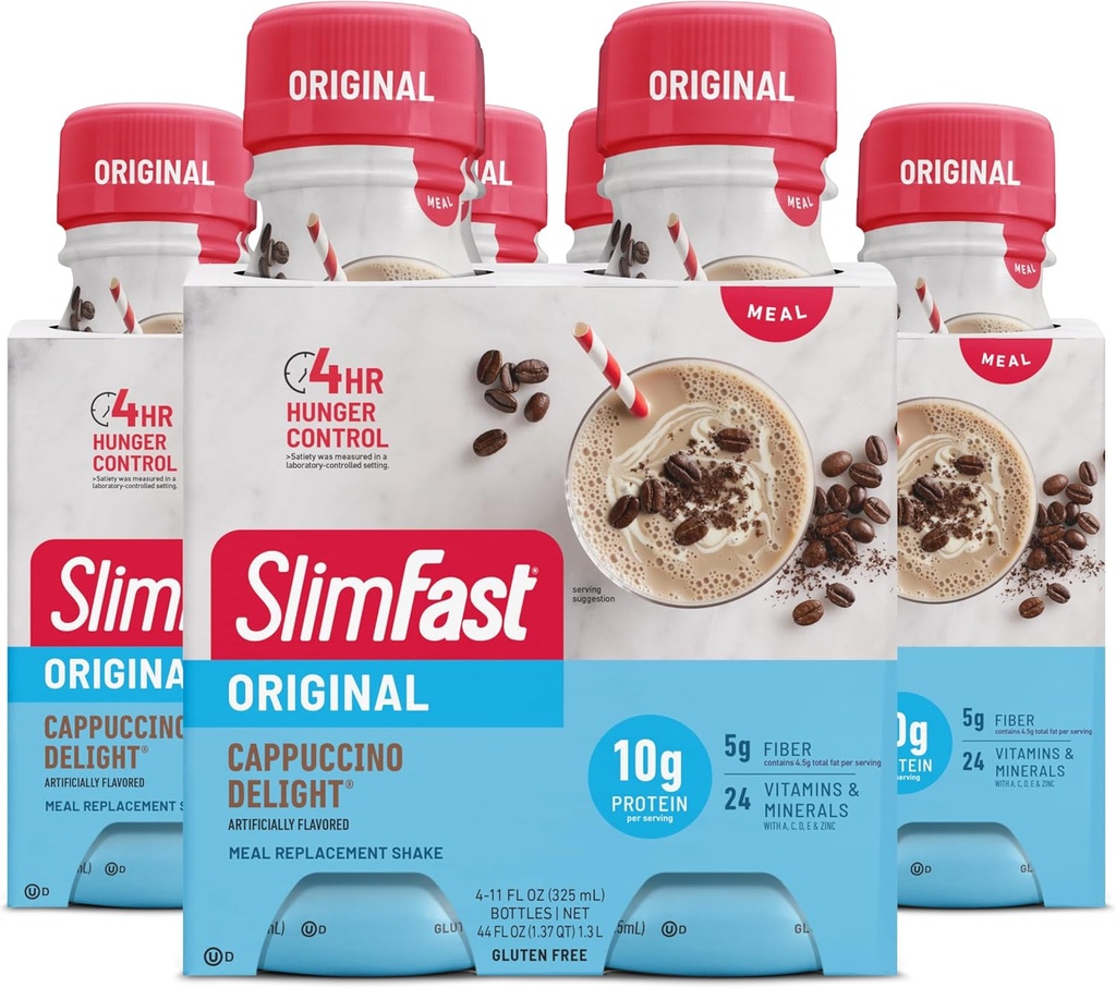 SlimFastミール交換シェイク、オリジナルのカプチーノデライト、減量のためのプロテインを飲むための準備の10g、11 Fl。 Ozボトル、4カウント(パッケージ3)(5月Vary)