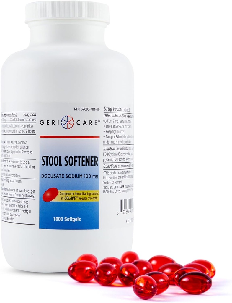 GeriCareの腰痛の軟化剤のDocusateナトリウム100のmgの乳剤1000の計算(2のパック)