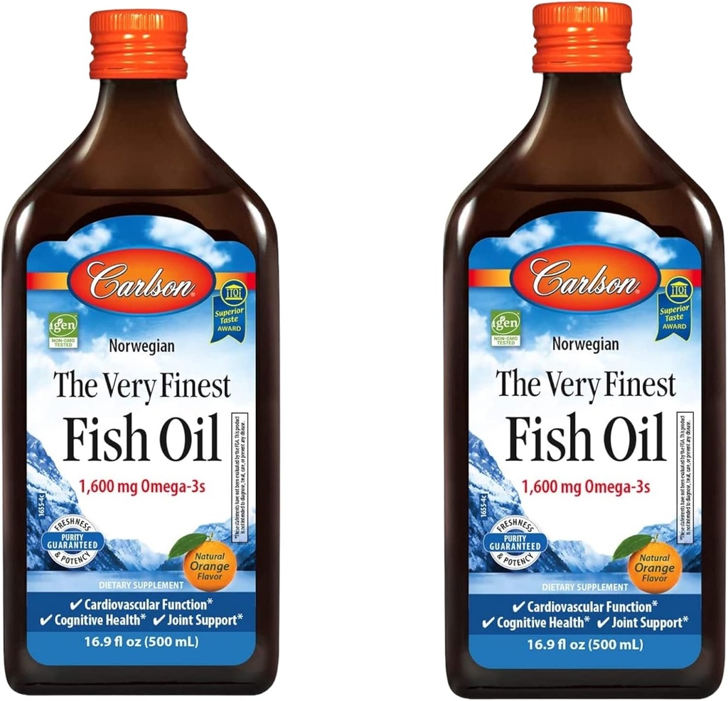 Carlson - The Very Finest Fish Oil, 1600 mg Omega-3s, Liquid Fish Oil Supplement, Norwegian Fish Oil, Wild-Caught, Sustainably Sourced Fish Oil Liquid, Orange, 16.91 Fl Oz (Pack of 2)