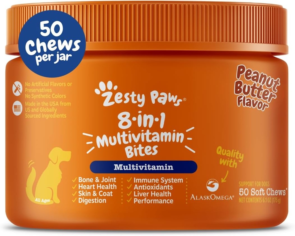 ゼスタイの足犬マルチビタミン、ヒップ&ジョイント、スキン&コート、オメガ3犬用魚油 - シニア&パピーマルチビタミン - ピーナッツバター - 50カラット