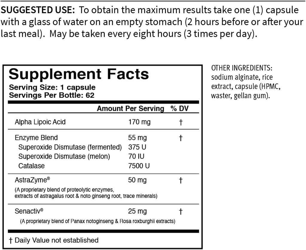 USAEnzymes YOUTHXYM 62 Delayed Release Vegetarian Capsules, Anti-Oxidant Enzyme Supplement. 170mg of Alpha Lipoic Acid (ALA) + 50mg of AstraZyme to Enhance Protein Digestion.
