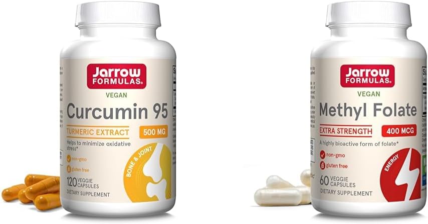 Jarrowの方式のクルクミン95 500mgおよびメチルは400mcg酸化防止剤および心血管の健康サポートの食事療法の補足の束、120および60の野菜のカプセルを Folates