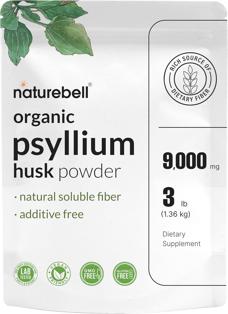 NatureBellのPsylliumのハブ繊維の補足、サービングごとの9,000mg、3lb (48oz)の粉  Digestive及び腸の健康のための有機性溶性繊維 植物ベースの、非GMO、グルテンフリー