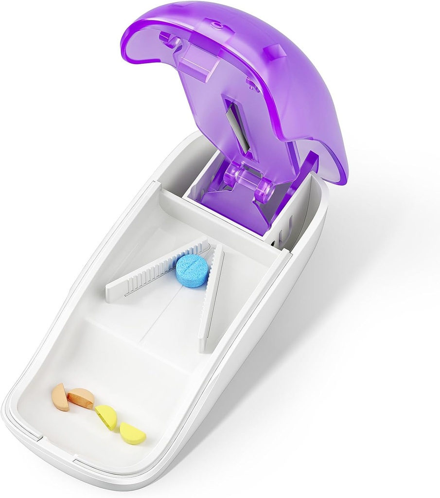 小さいおよび小さな丸薬、半分のビタミンのタブレットを切るための丸薬のカッターのディバイダー、刃の監視、紫色