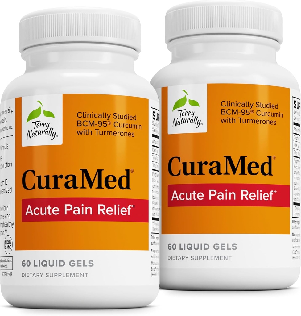 Terry Naturally CuraMed Acute Pain Relief - Supplement with BCM-95 Curcumin & BOS-10 Boswellia - Black Sesame Seed Oil to Support Relief of Occasional Discomfort - 60 Liquid Gels (Pack of 2)