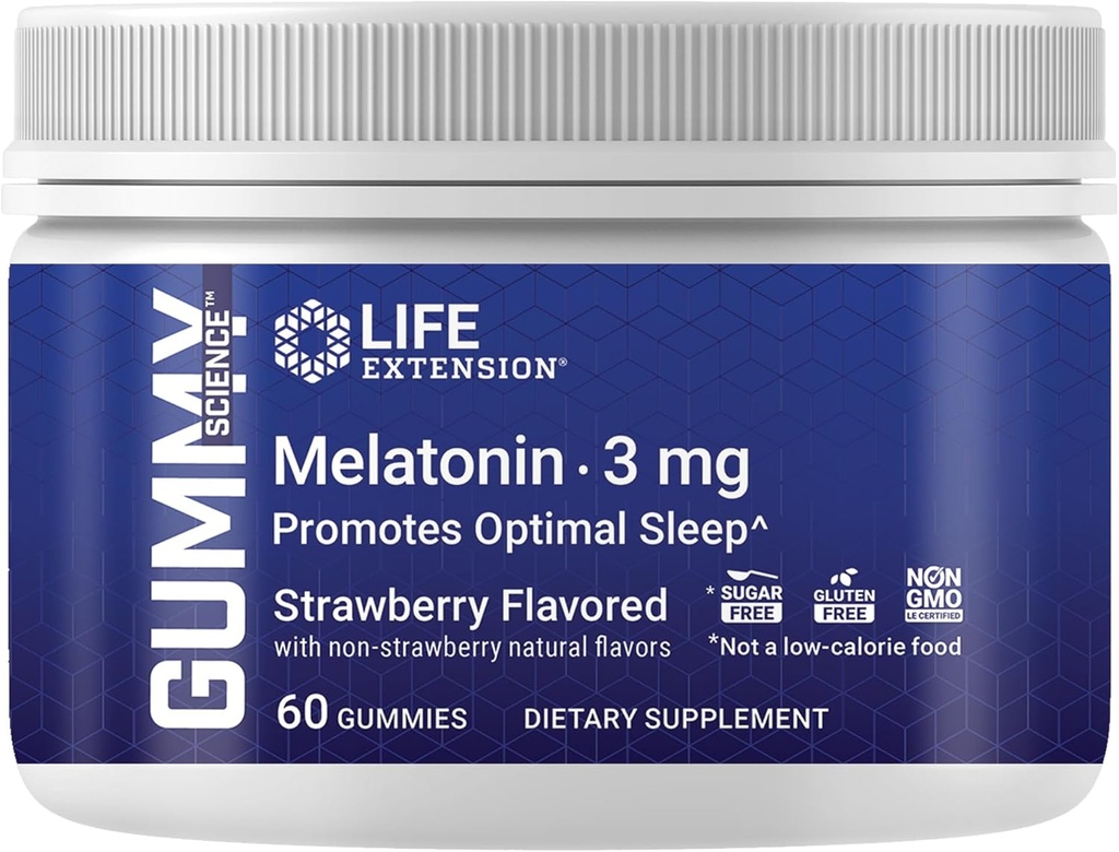 ライフエクステンションガミーサイエンスTMメラトニン(いちご)、3mg、最適な睡眠サポート、ヘルシーサーカディアンリズム、セルラー防衛、グルテンフリー、非GMO、ベジタリアン、60ガミー