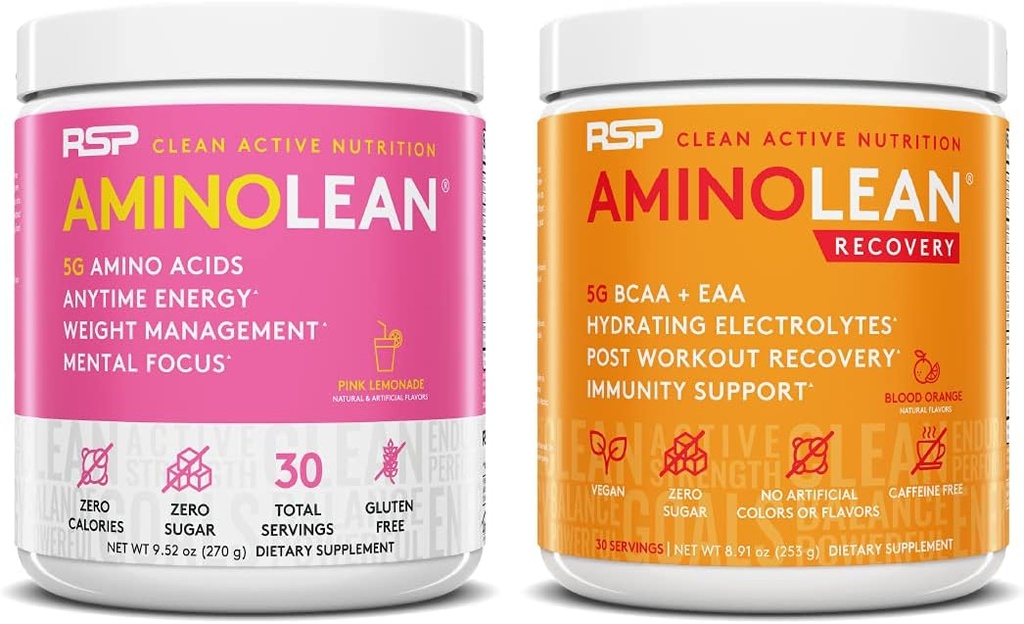RSP NUTRITION AminoLean Pre Workout Energy(ピンクLemonade 30サービング) with AminoLean Recovery Post Workout Boost(ブロッドオレンジ30サービング)