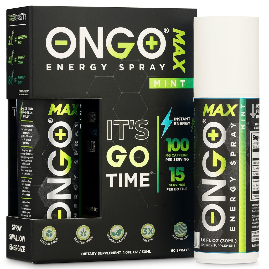 OnGoエナジー - 天然カフェイン(1500mg) インスタントエネルギー経口スプレー | ヴィーガン、砂糖、グルテンフリー | B3、B6、B12 ビタミンスプレー | 焦点と記憶 | 研究、仕事とはるかに | ミント風味 | 15サービング