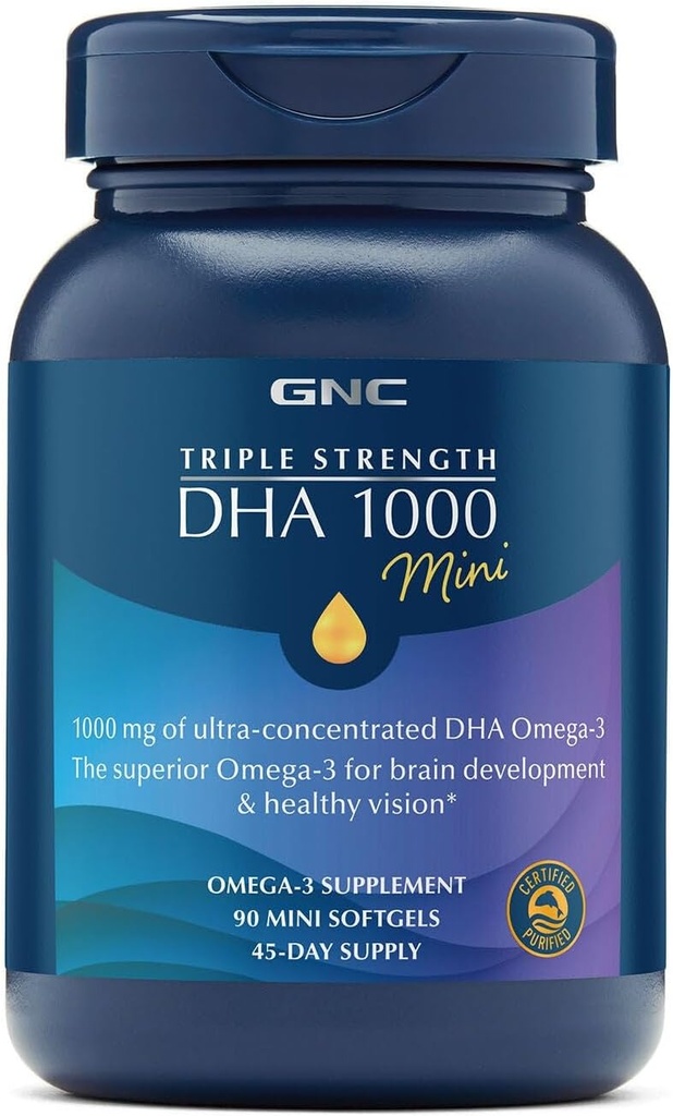 GNCの三重力DHA 1000の小型オメガ3の補足、1000mgの超集中された、高い効力、サポート 頭脳の開発および健康な視野、Bullpless、90の小型Softgels、45 SVGの45日の供給
