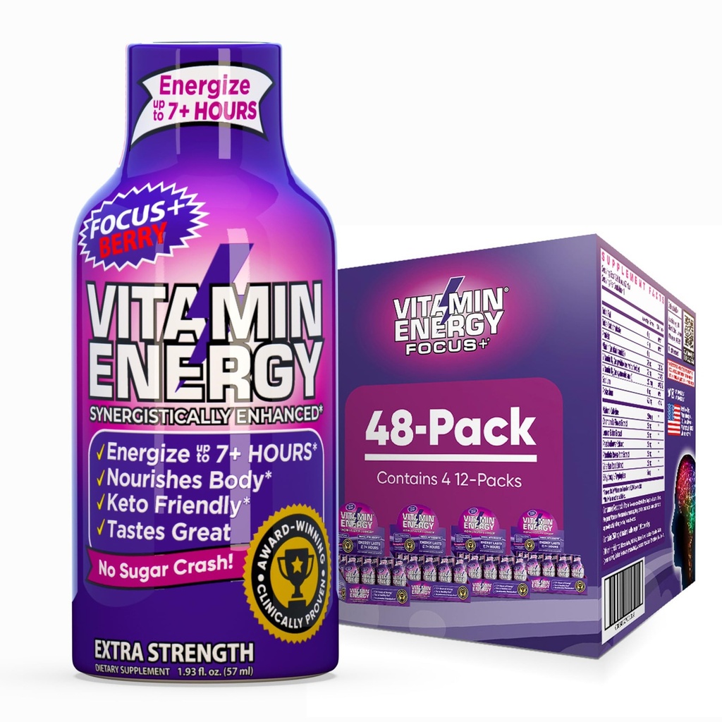 ビタミン エネルギー焦点+ の余分強さエネルギー ショット ベリー 48 のパック、260mg 自然なカフェイン、B ビタミン、CoQ10、アミノ酸、焦点、生産性及び明白、ゼロ砂糖、グルテンフリー、1.03 fl oz