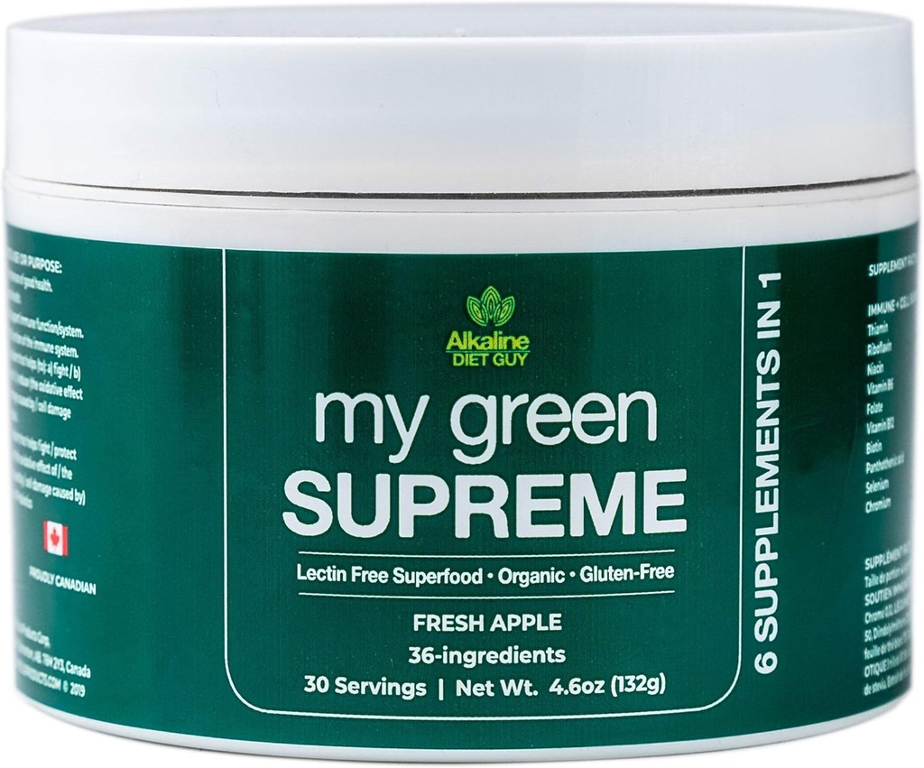 My Green Supreme Organic 6 in 1 Premium Superfood Supplement - Lectin Free and Gluten Free - 30 Servings (4.6 oz) - Fresh Apple Flavour - Enjoy in a Smoothie or Added to Any Drink