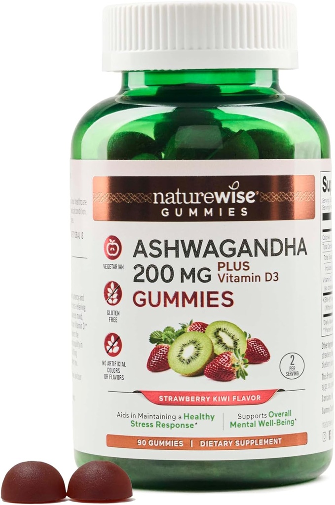 NatureWise Ashwagandha Gummies - ストロベリーキウイ - KSM-66 ビタミンD3 - ムードサポートを Calming - ベジタリアン - 非GMO、ゼラチン、グルテンフリー - 90 カウント[45日の供給]