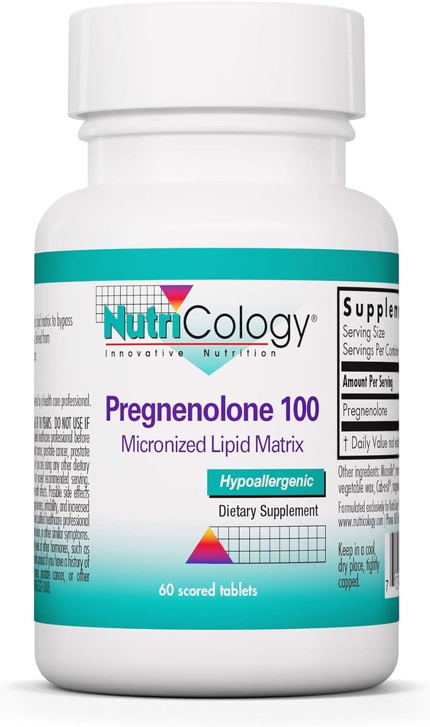 Nutricology Pregnenolone Supplement - Progesterone Supplements, Hormone & Stress Support, Made from Non-GMO Wild Yam, Micronized Lipid Matrix, Plant-Sourced, 100mg Scored Tablets - 60 Count