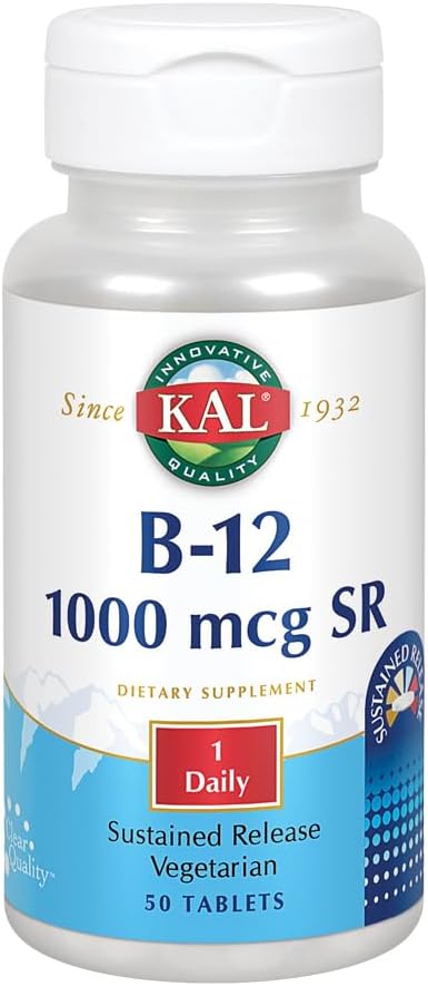 KAL B-12 1000 mcg サステンドリリース | ヘルシー・メタボリズム・エネルギー・ネルブ・レッド・ブラッドセルサポート | ベジタリアン | ラボ検証 | 50錠
