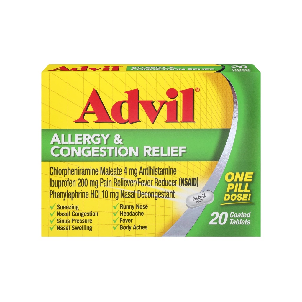 Advilのアレルギーおよび輻輳の救助のタブレット、痛みのReliever、イブプロフェン、Phenylephrine HClおよびChlorpheniramineの男性用4のmg - 20の上塗を施してあるタブレットが付いているレバーの減力剤そしてアレルギーの救助