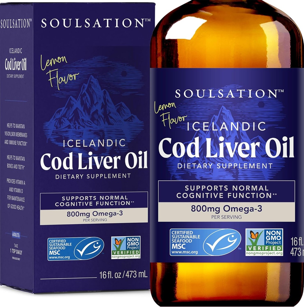 Icelandic Cod Liver Oil Liquid, Lemon (16oz) - Vitamins A & D, EPA & DHA - Helps Vision, Skin Membranes & Immune Function - MSC Certified, Non-GMO