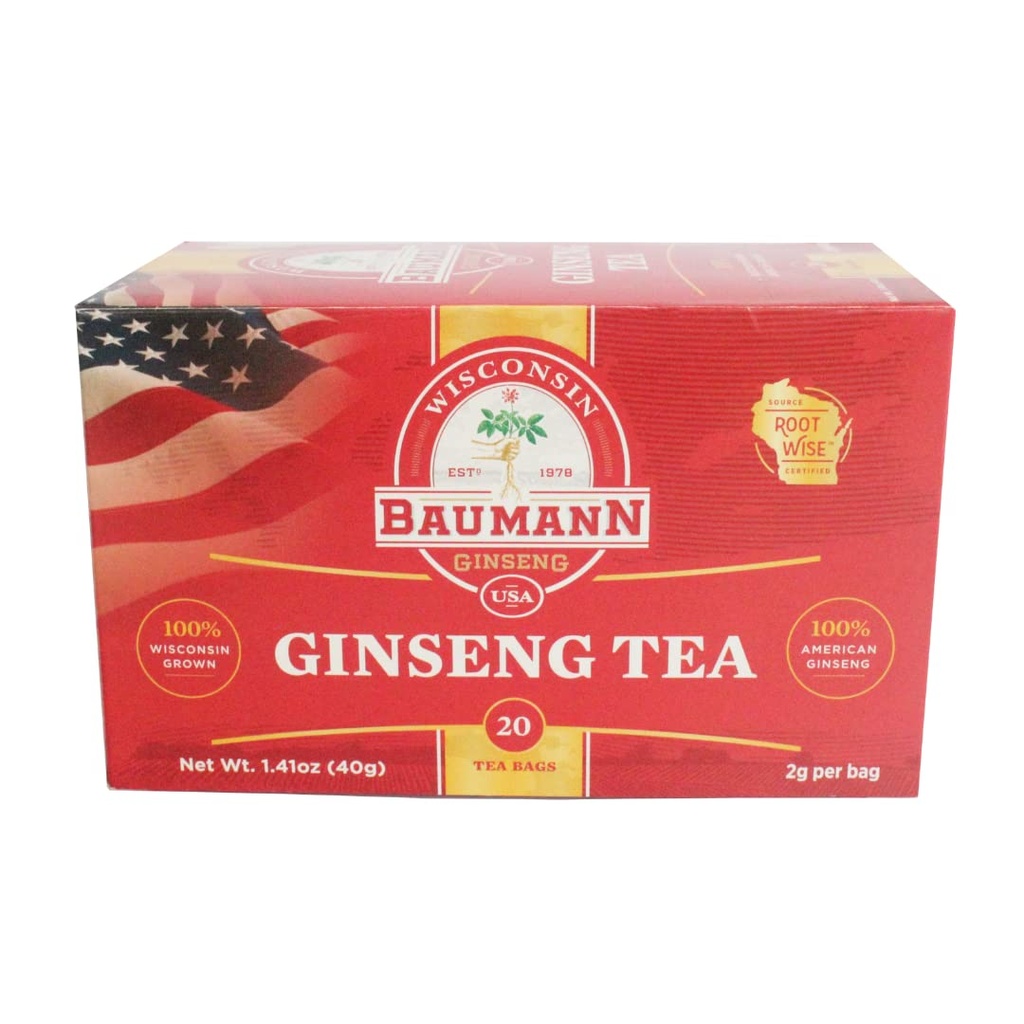 Baumannの優れたアメリカのGinsengのティー・バッグ(20のティー・バッグ) - 本物のPanax WisconsinはPanax Ginsengの草の茶-高められた焦点及びエネルギーのための酸化防止のGinsenosideの健康な緑茶を育てました