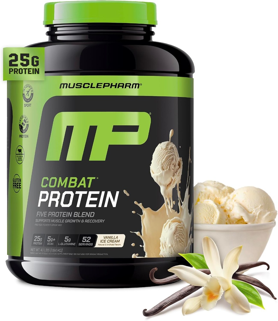 MusclePharmのコンバットの蛋白質の粉、バニラの味、生産的なワークアウトのための燃料筋肉、Whey蛋白質の隔離剤及び卵のアルブミン、グルテンフリーの4のlb、52のサービングを含む5つの蛋白質の源