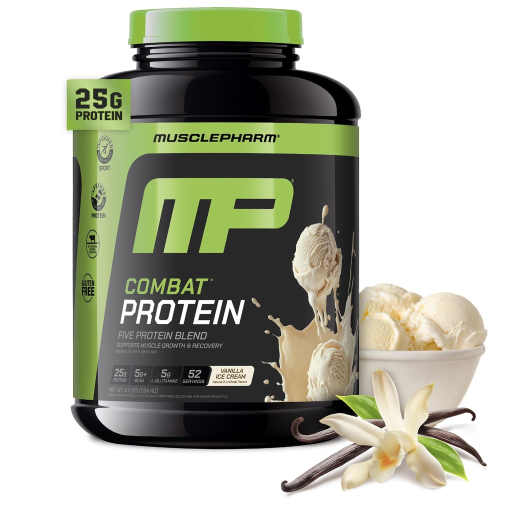 MusclePharmのコンバットの蛋白質の粉、バニラの味、生産的なワークアウトのための燃料筋肉、Whey蛋白質の隔離剤及び卵のアルブミン、グルテンフリーの4のlb、52のサービングを含む5つの蛋白質の源