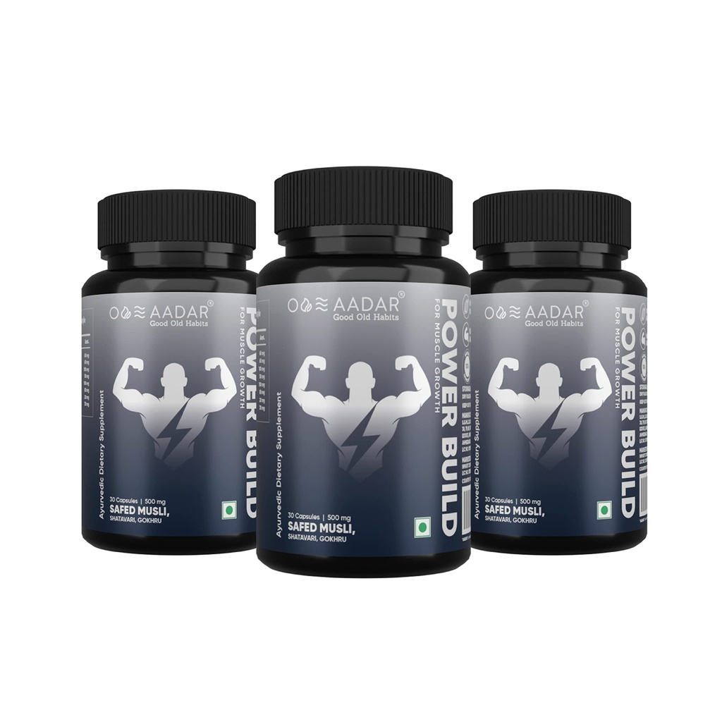 AADAR パワービルド | Ayurvedic リアルマッスル・マス・ゲインジャー | 性能向上とブーストのメタボリズム | (安全ムスリ・ゴクル・シャタバリ) 30 カプセル(パック3)