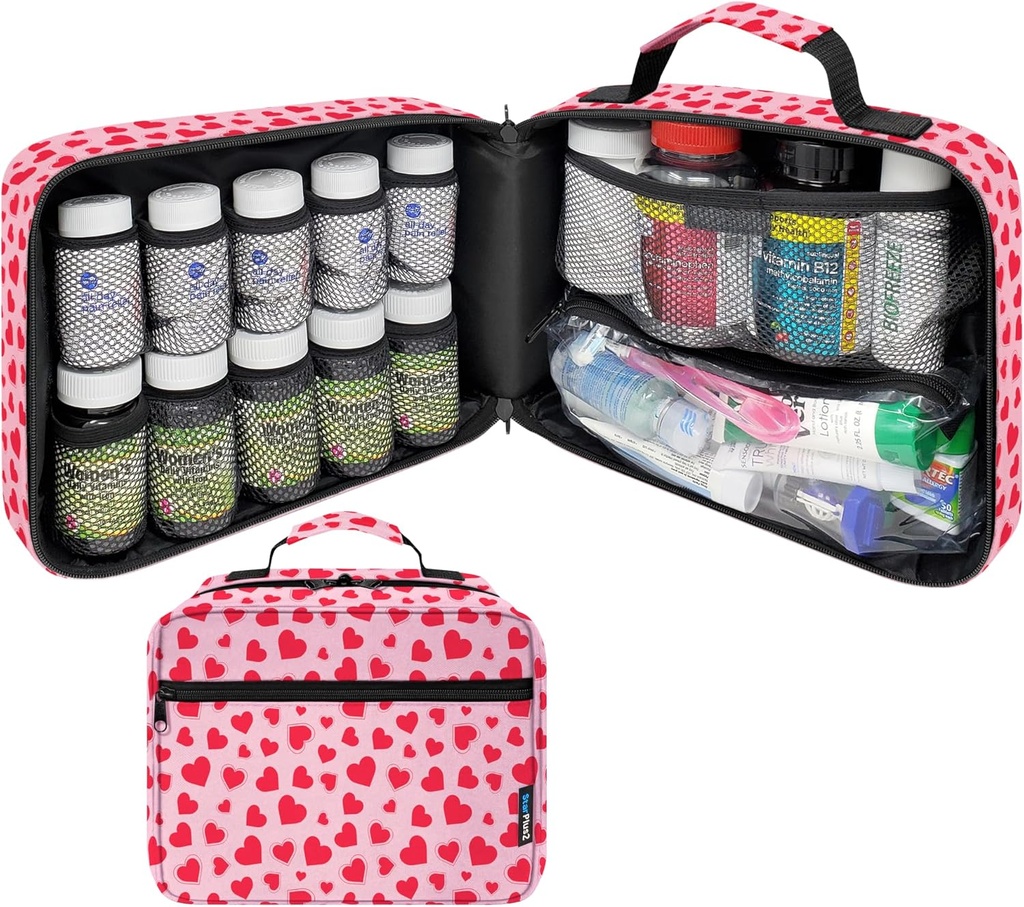 Large Padded Pill Bottle Organizer, Medicine Bag, Case, Carrier for Medications, Vitamins, and Medical Supplies - Travel Medicine Organizer and Home Storage Med Bag - Hearts (Without Lock)