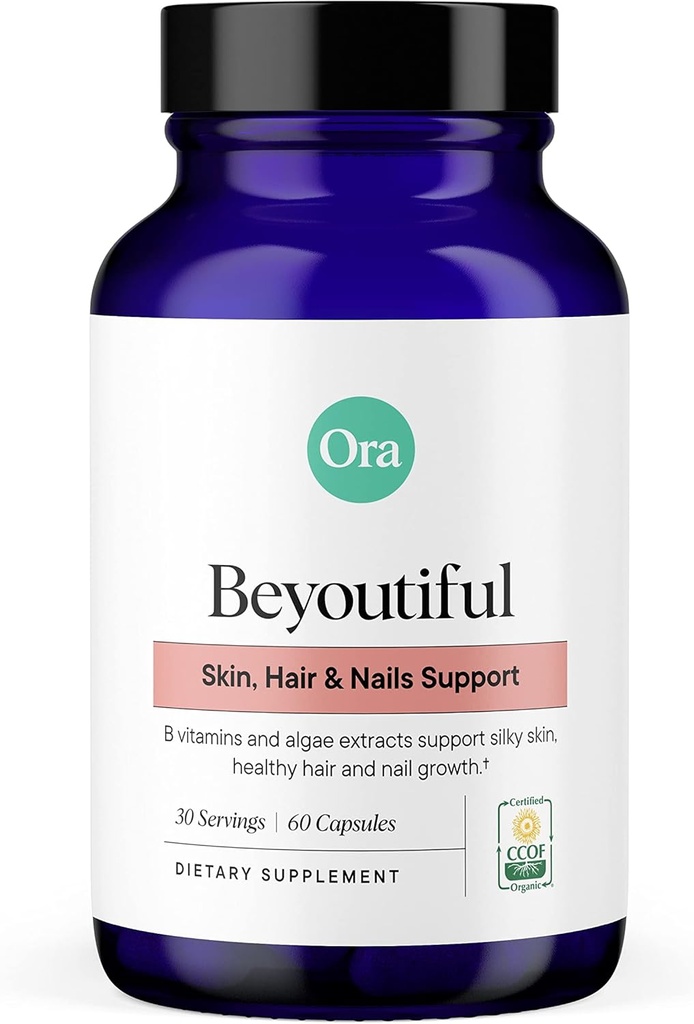 Ora Organic Hair, Skin, Nails Support - BeYouTiful - 健康な髪と肌のためのビタミンBと藻エキスの美のサプリメント - 60ビーガンカプセル