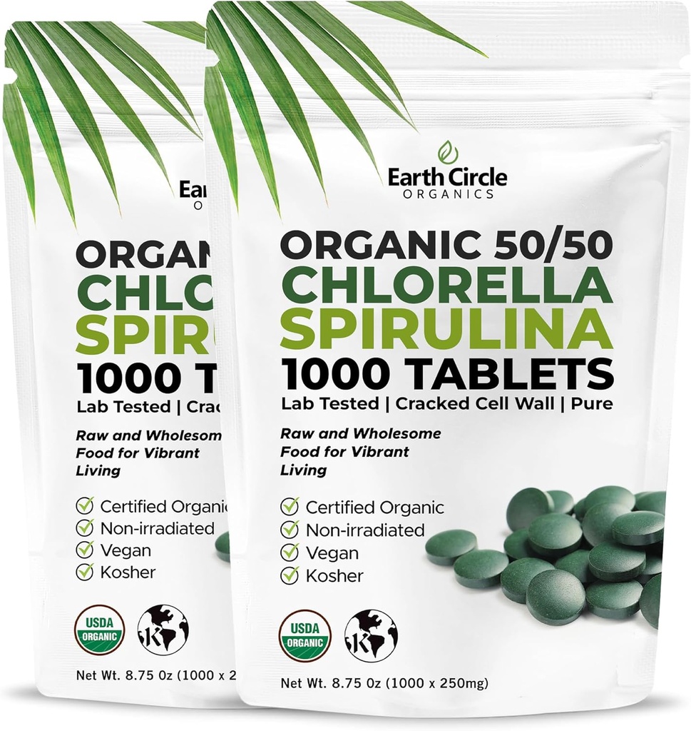 プレミアムオーガニックCHLORELLA / SPIRULINA 1000錠(50/50)コーシャ、ビーガン - グリーン藻類スーパーフード、クラックセルウォール、クロロフィル、プロテイン&アイロン、添加物なし、またはフィラー 8.75 Oz (2パック)