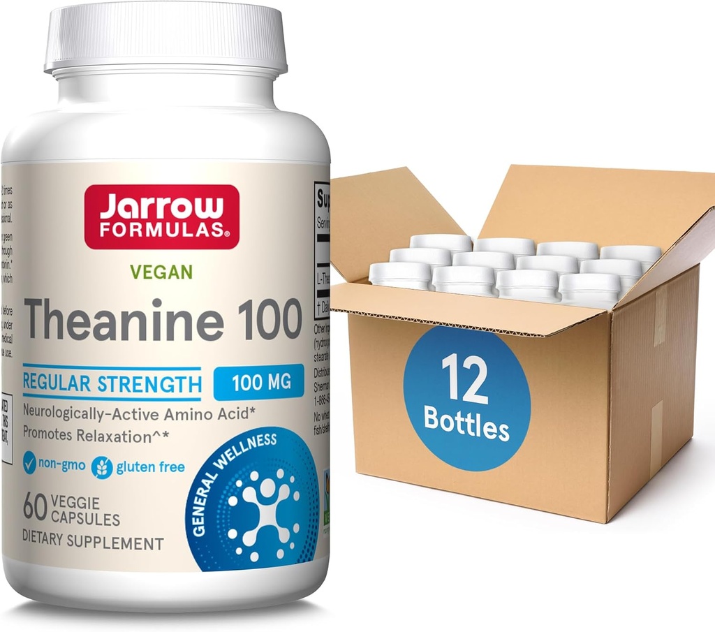 Jarrow Formulas Regular Strength Theanine 100 mg, Dietary Supplement That Promotes Relaxation, 60 Veggie Capsules, 60 Day Supply, Pack of 12