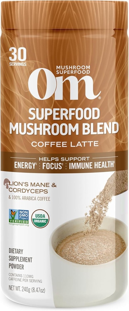 OM MUSHROOM スーパーフードコーヒーラテブレンドマッシュルームパウダー、8.47 オーアンスキャニスター、30サービング、ライオンズマネ、コルディセプ、レイシ、チャガ、エネルギー&メンタルクラリティサポートサプリメント