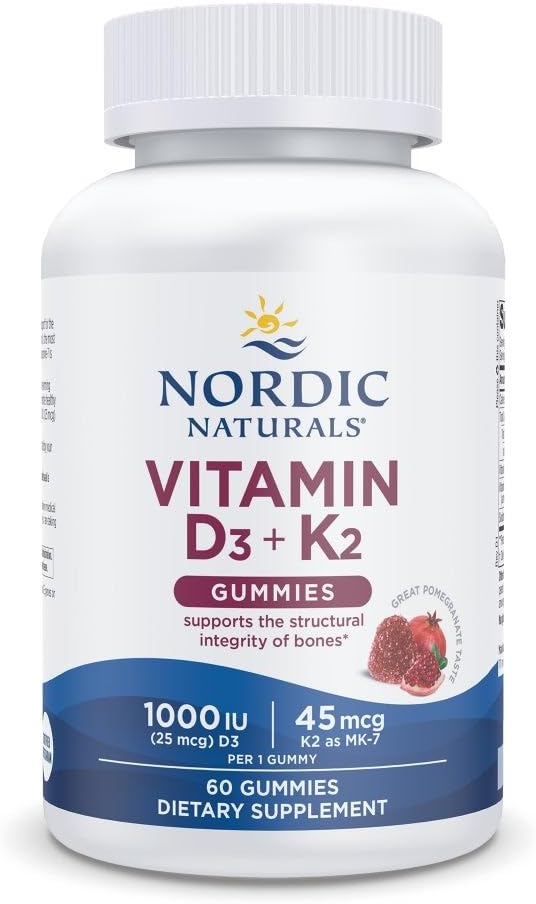 Nordic Naturals Vitamin D3 + K2 Gummies, Pomegranate - 60 Gummies - 1000 IU Vitamin D3 + 45 mcg K2 - Great Taste - Bone Health, Promotes Healthy Muscle Function - Non-GMO - 60 Servings