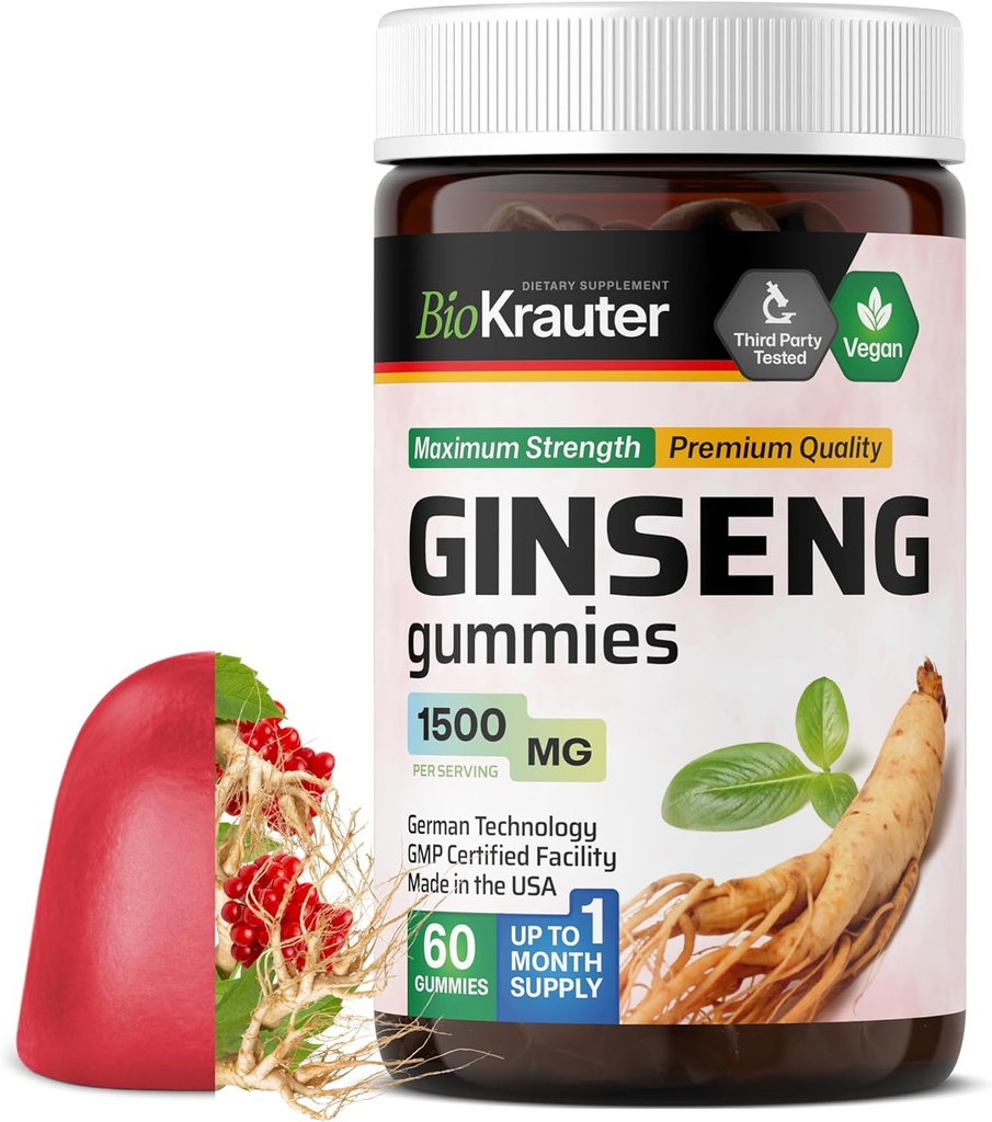BIO KRAUTER Panax の Ginseng のグミー - 1500 の mg の強さ - 60 の計算 - Chewable の赤い Ginseng の補足 - 免疫サポート ガミー - ビーガン、ペクチン ベースの、非 GMO
