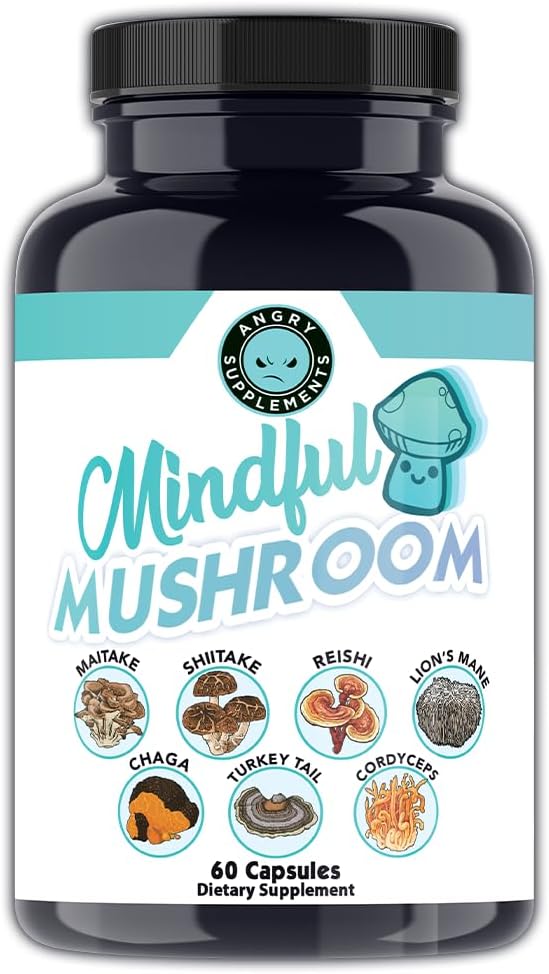 怒っているサプリメント マインドフルキノコカプセル - 7in1 Premium Health Shroom Blend of Maitake, Shiitake, Reishi, Turkey Tail, Cordyceps, Lions Mane, Chagamash (60ct)
