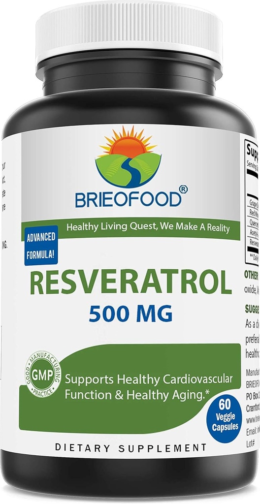 Brieofood Resveratrol 500mg - 心臓血管および免疫系の健康のための自然な酸化防止サプリメント - 60 ベジギーカプセル