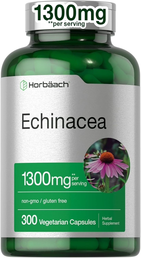 Horbäach Echinaceaのエキスのカプセル1300mg   300の計算 ビーガン、非GMOのグルテンフリーの補足