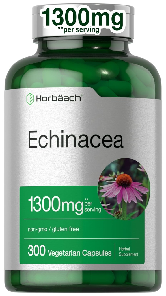 Horbäach Echinaceaのエキスのカプセル1300mg   300の計算 ビーガン、非GMOのグルテンフリーの補足