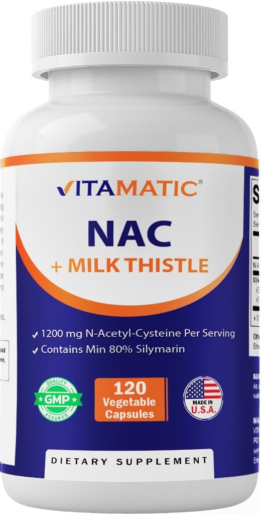Vitamatic NACサプリメントN-アセチル-L-Cysteine(NAC)とミルクアザミ50:1抽出物 - 免疫、呼吸器、肝臓の健康をサポート、給食当たり1200mg、120ベジカプセル