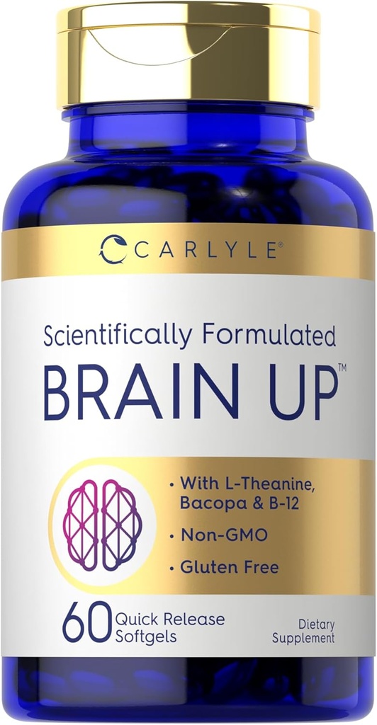 Carlyle Brain Up Supplement | 60 Softgels | with L-Theanine, Bacopa & B-12 | Non-GMO, Gluten Free